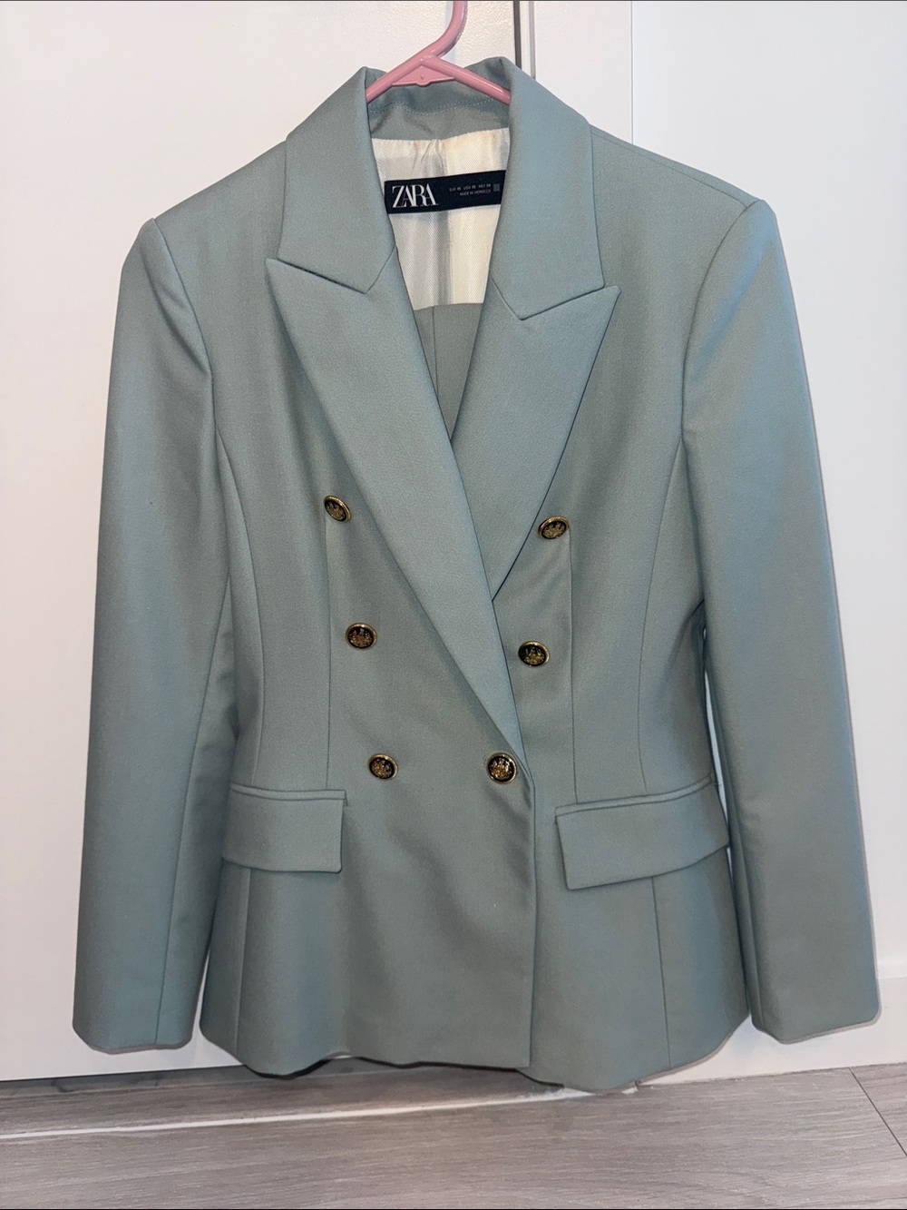 Zara Pale Mint Double-Breasted Blazer with Gold Buttons and Pants